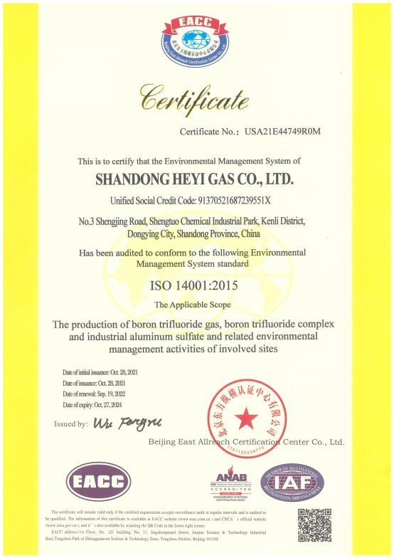 Certificate of ISO 14001 for Heyi